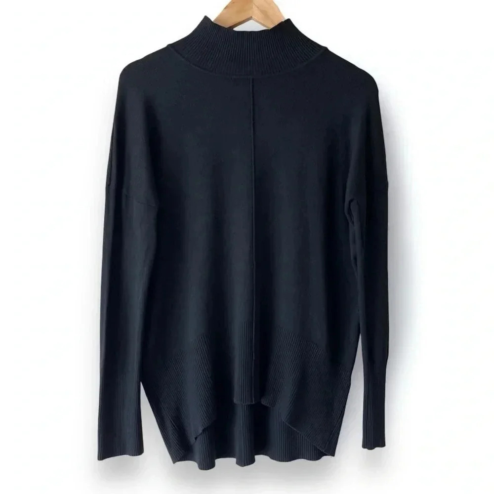 Vintage Wool Blend Long Sleeve Shirt Women M Black Mock Neck Hi-lo Hem